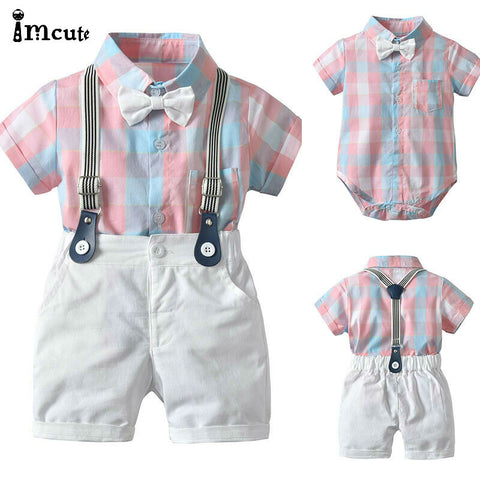 2pcs Toddler Kids Baby Boy Gentleman Outfit Formal Clothes Party Pink Plaid Bow T-shirt Top Romper+White Bib Shorts Cotton Set