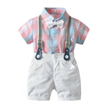 2pcs Toddler Kids Baby Boy Gentleman Outfit Formal Clothes Party Pink Plaid Bow T-shirt Top Romper+White Bib Shorts Cotton Set