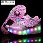 Children One Two Wheels Luminous Glowing Sneakers Gold Pink Led Light Roller Skate Shoes Kids Led Shoes Boys Girls USB Charging