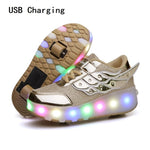 Children One Two Wheels Luminous Glowing Sneakers Gold Pink Led Light Roller Skate Shoes Kids Led Shoes Boys Girls USB Charging