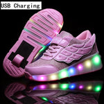 Children One Two Wheels Luminous Glowing Sneakers Gold Pink Led Light Roller Skate Shoes Kids Led Shoes Boys Girls USB Charging