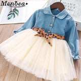 Girls Clothes Sets 2019 Autumn Style Kids Long-Sleeve Denim Bow White Mesh Dress Children Suits For Kids Dress With Bow