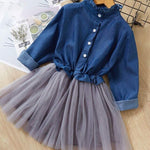 Girls Clothes Sets 2019 Autumn Style Kids Long-Sleeve Denim Bow White Mesh Dress Children Suits For Kids Dress With Bow