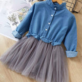 Girls Clothes Sets 2019 Autumn Style Kids Long-Sleeve Denim Bow White Mesh Dress Children Suits For Kids Dress With Bow