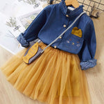 Girls Clothes Sets 2019 Autumn Style Kids Long-Sleeve Denim Bow White Mesh Dress Children Suits For Kids Dress With Bow