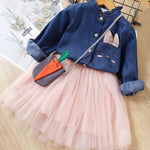 Girls Clothes Sets 2019 Autumn Style Kids Long-Sleeve Denim Bow White Mesh Dress Children Suits For Kids Dress With Bow