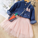 Girls Clothes Sets 2019 Autumn Style Kids Long-Sleeve Denim Bow White Mesh Dress Children Suits For Kids Dress With Bow