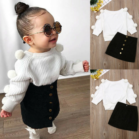 CANIS Newborn Baby Kid Girl 2019 Autumn Warm Outfits Sets Long Sleeve Tassel Hairball Knit Tops+Button Mini Skirts