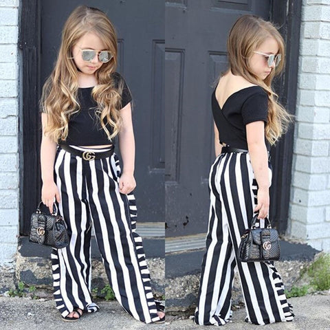 1-6Y Summer 2 Piece Kids Baby Girl Clothes Set Short Sleeve Black Crop Tops and Striped Wide Leg Pant Toddler Girls Clothing