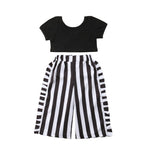 1-6Y Summer 2 Piece Kids Baby Girl Clothes Set Short Sleeve Black Crop Tops and Striped Wide Leg Pant Toddler Girls Clothing