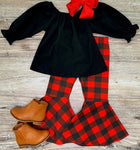 Classic Kids Baby Girl Christmas Outfits Clothes Puff Sleeve Tops Red Plaid Flared Pants Bow Headband 3Pcs Girl Xmas Sets 1-5Y