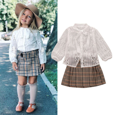 2019 Baby Spring Autumn Clothing 2Pcs Boutique Toddler Kids Girl Outfits Long Sleeve Lace Shirt Tops Plaids Skirt Clothes 1-6T