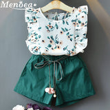 Menoea 2019 Brand New Summer Girls Green Sleeveless Clothing Kids Floral Children Clothing Girl Tops+Short Pant 2pcs Suits