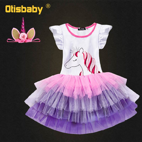 official Rainbow Unicorn Clothing Set for Girls Summer Horse Print Sweatshirt + Colorful Unicorn Tulle Tutu Skirt 2pcs Kids Suit