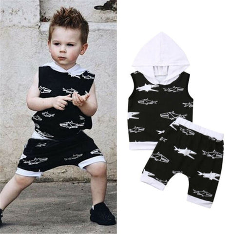 2-6T Kids Baby Boys Clothing Set Shark Animal Print Sweatshirt Boys Sleeveless Hooded Boys Tops Short Pants Children Clothes Set