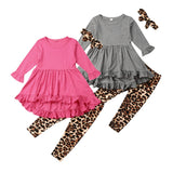 3PCS Toddler Kids Girls Clothes Set Fashion Long Sleeve Ruffle Top Dress+Leopard Pants+Headband Kids Children Winter Outfit Suit