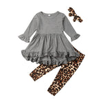 3PCS Toddler Kids Girls Clothes Set Fashion Long Sleeve Ruffle Top Dress+Leopard Pants+Headband Kids Children Winter Outfit Suit