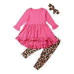 3PCS Toddler Kids Girls Clothes Set Fashion Long Sleeve Ruffle Top Dress+Leopard Pants+Headband Kids Children Winter Outfit Suit