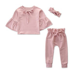 Autumn Baby Girl Sweet Pink Clothes Adorable Flare Sleeve T-shirt Tops and Bowknot Trousers With Headband Kids Outfits Clothes