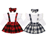 Fashion 3PCS Plaid Costume Kid Baby Girl Long Sleeve Lace Ruffles Tops Plaid Suapender Skirts Bowknot Headband Autumn Outfit Set