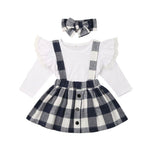 Fashion 3PCS Plaid Costume Kid Baby Girl Long Sleeve Lace Ruffles Tops Plaid Suapender Skirts Bowknot Headband Autumn Outfit Set