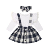 Fashion 3PCS Plaid Costume Kid Baby Girl Long Sleeve Lace Ruffles Tops Plaid Suapender Skirts Bowknot Headband Autumn Outfit Set