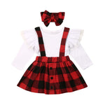 Fashion 3PCS Plaid Costume Kid Baby Girl Long Sleeve Lace Ruffles Tops Plaid Suapender Skirts Bowknot Headband Autumn Outfit Set