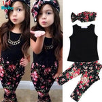 Girls Fashion floral casual suit children clothing set  sleevess  outfit +headband 2017 summer new kids clothes set