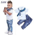 Baby Boy Clothes Casual T-Shirt+Scarf+Jeans 3pc Baby Clothing Set Summer Child Kids Costume For Boys 2019 Toddler Boys Clothes