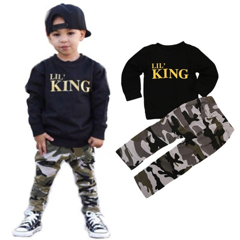 2pcs Toddler Boy Clothes Kids Baby Boy Fall Outfit Long Sleeve Black Sweatshirt Pullover Camouflage Pants Gold Letter Lil King