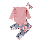 Newborn Kids Baby Girls Flower Top Romper Long Pants Headband Outfits Clothes Ruffles Outfits Set roupa infantil