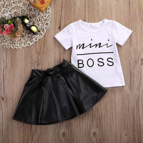 New 2PCS Toddler Kids Girl Clothes Set Summer Short Sleeve Mini Boss T-shirt Tops + Leather Skirt Outfit Child Suit